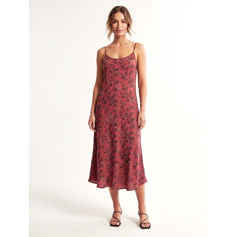 Natural Life Women Pink Floral Rayon Midi Slip Dress Adjustable Straps S Pockets